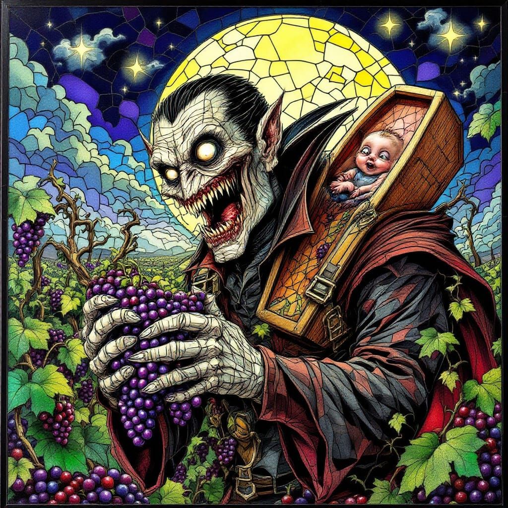 Grotesque Dracula Harvests Grapes in Vibrant Stained Glass M...