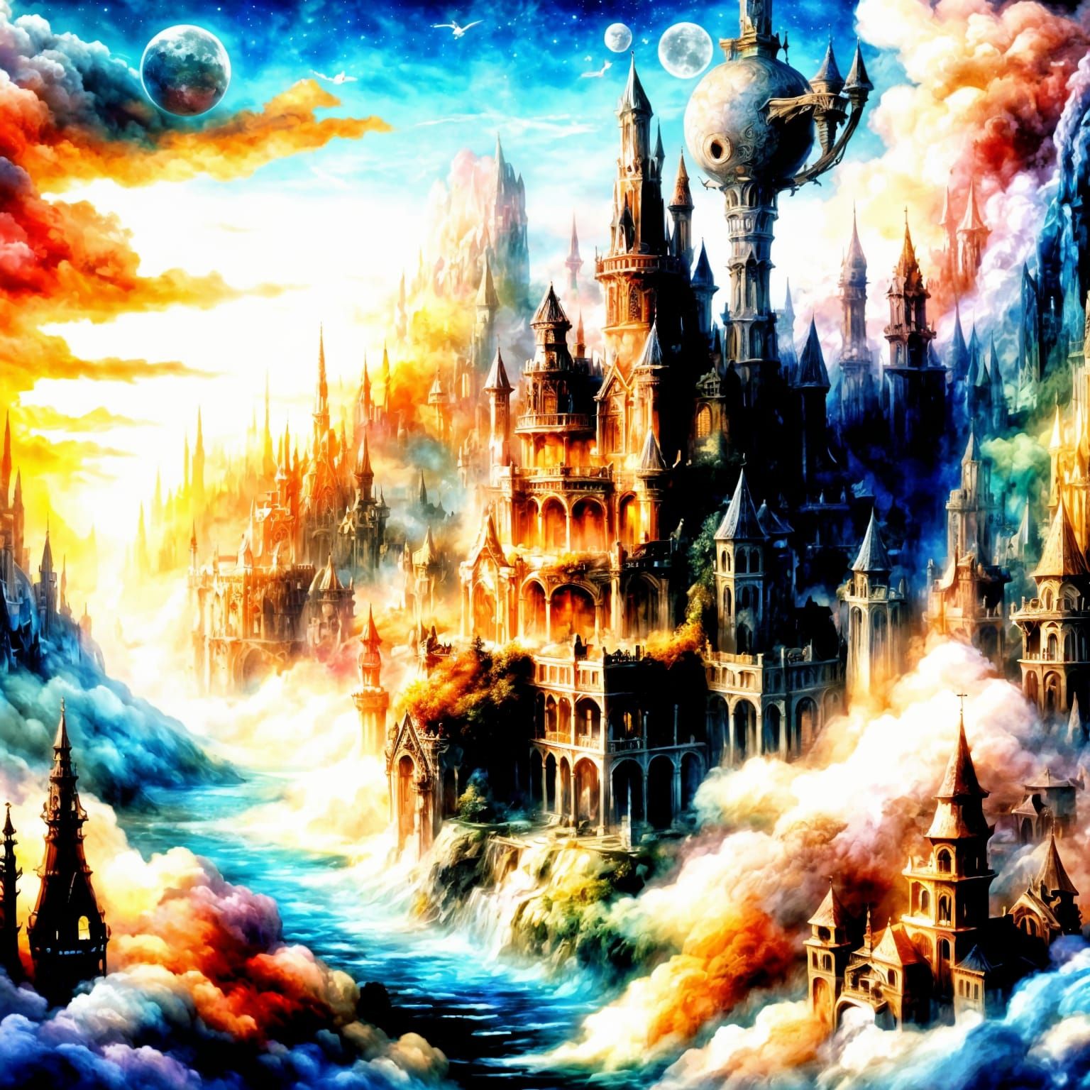 Arthur Rackham style. A majestic fairy city floats serenely ...