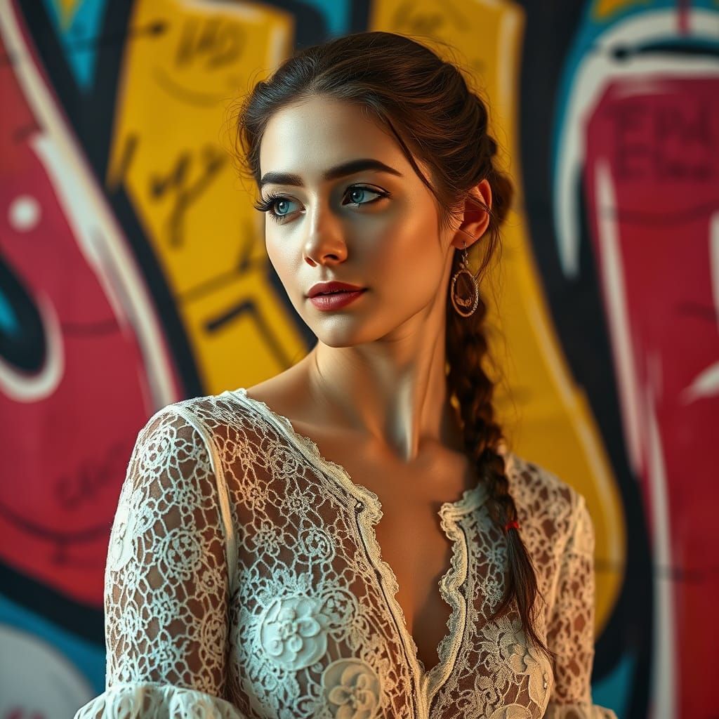 Hyperrealistic Woman in Vibrant Graffiti-Inspired Setting