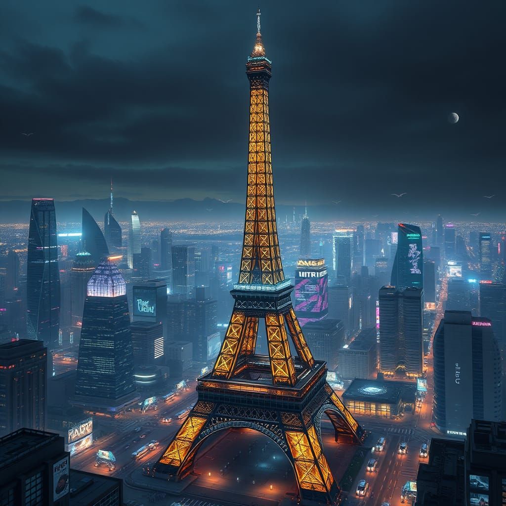 Futuristic Eiffel Tower in Neon Cityscape