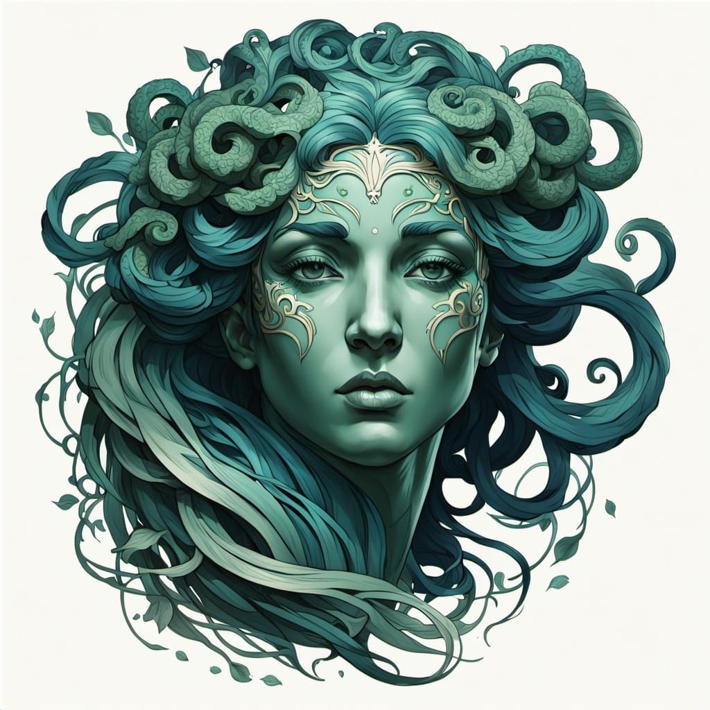 Alphonse Mucha-Inspired Medusa Portrait in Cyberpunk Style