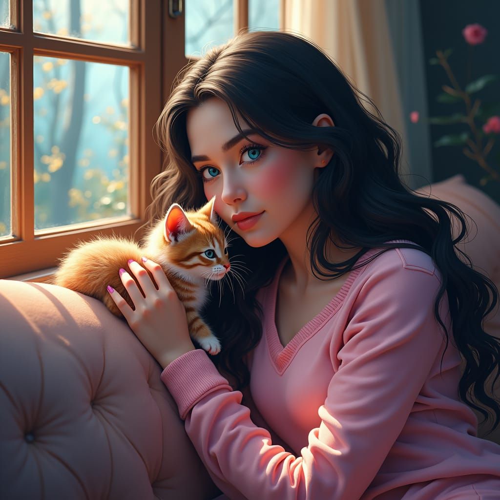 Woman and Kitten in Magical Forest, Digital Matte Painting