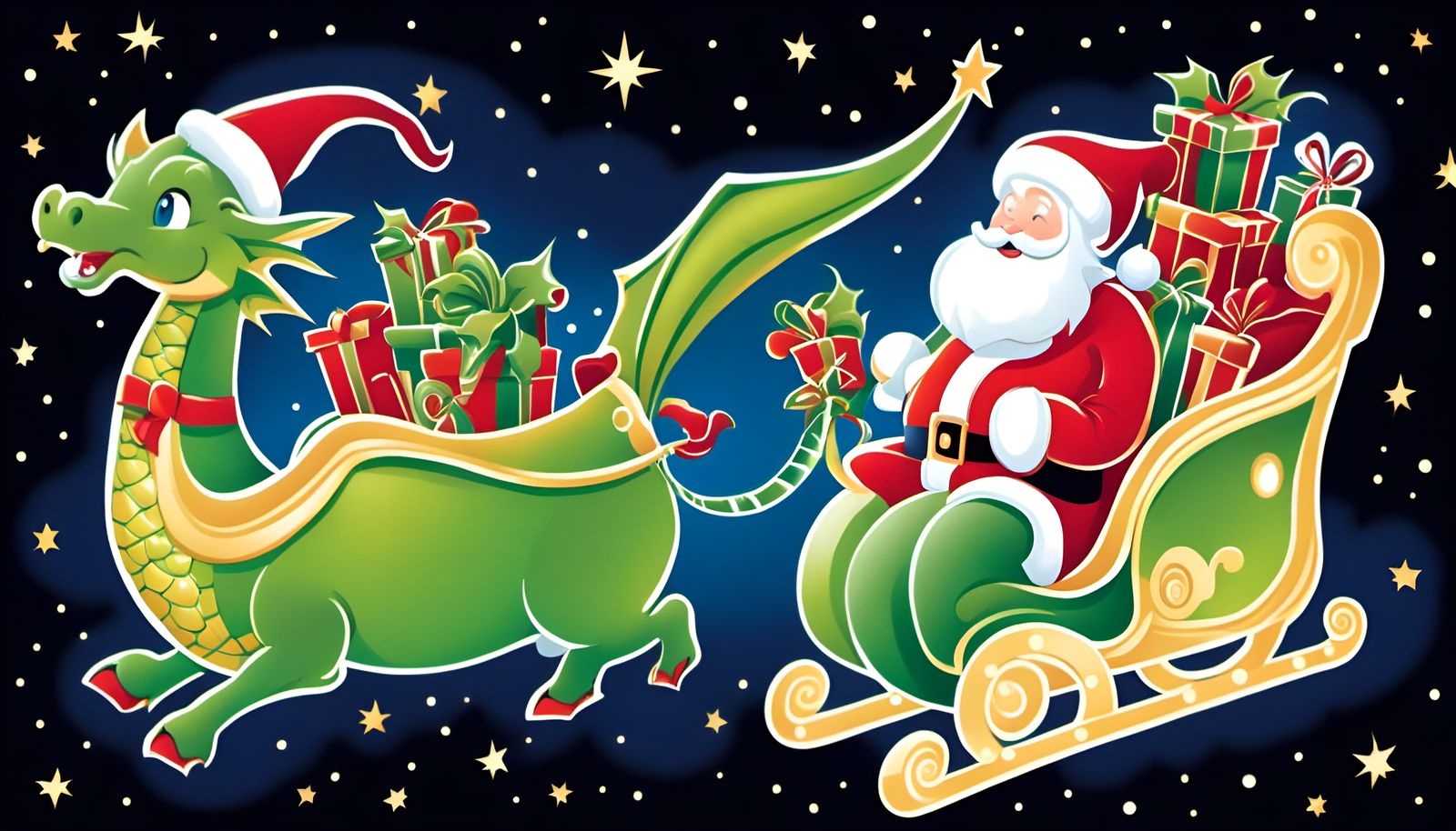 Dragon Pulls Santa's Sleigh Over Christmas Village