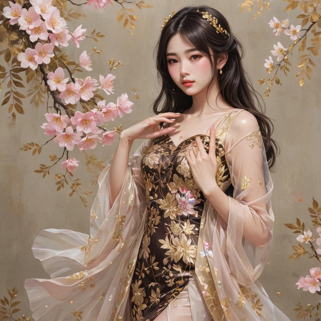 Anime Painting: Beautiful Woman with Golden Dress