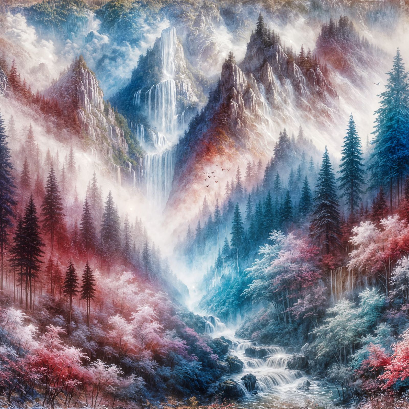 A Majestic waterfall coming from mountains with trees scener...