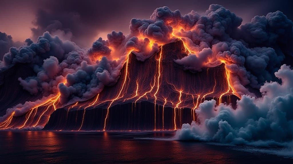 Volcanic Eruption & Ocean Wave in False Color Photography