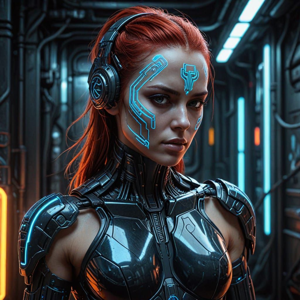 Cyberpunk Woman in Futuristic Armor, Glimmering with Neon Ac...