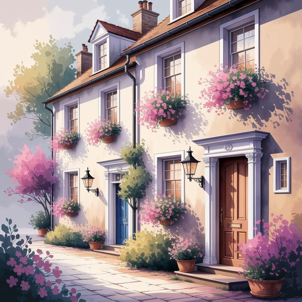 Whimsical Watercolor Landscape of a Charming Old Town Street
