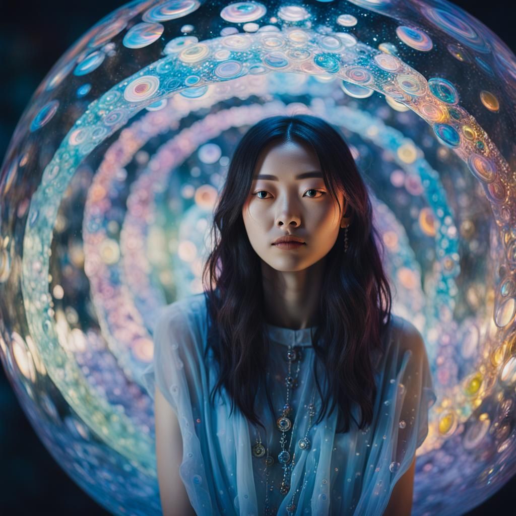 Girl in Mystical Orb: Anime-Inspired Digital Art