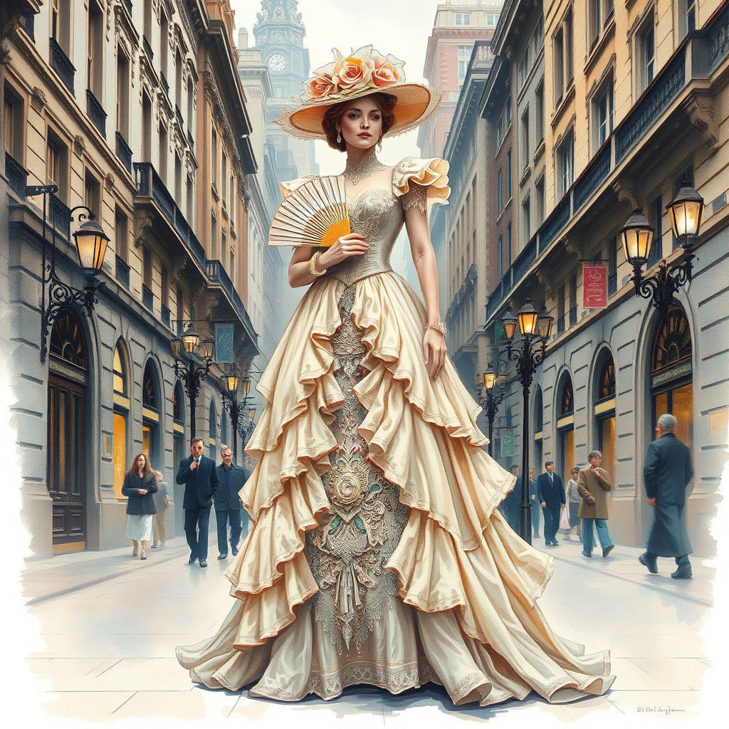 Victorian Lady in Cityscape, Impressionist Gouache Painting