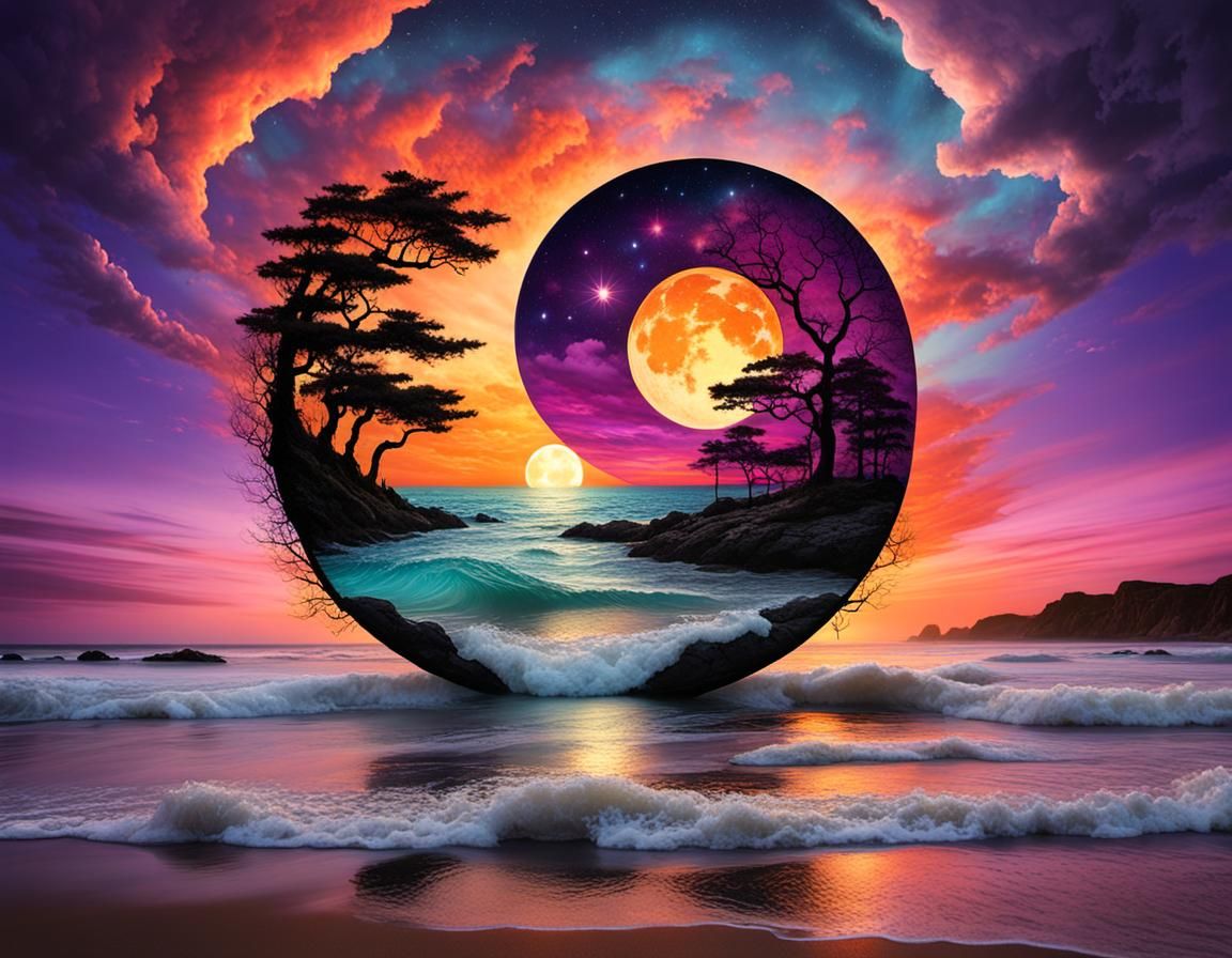 Surreal Sun Moon Yin Yang Beach Sunset