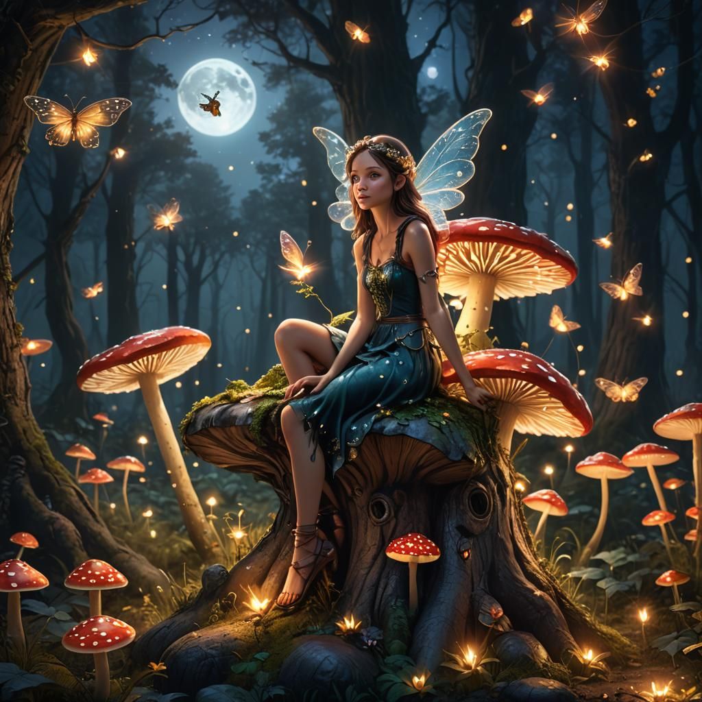 Fairy on Toadstool in Moonlit Forest, Fantasy Art
