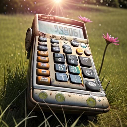 Calculator on Grassy Hill with Alien Flowers