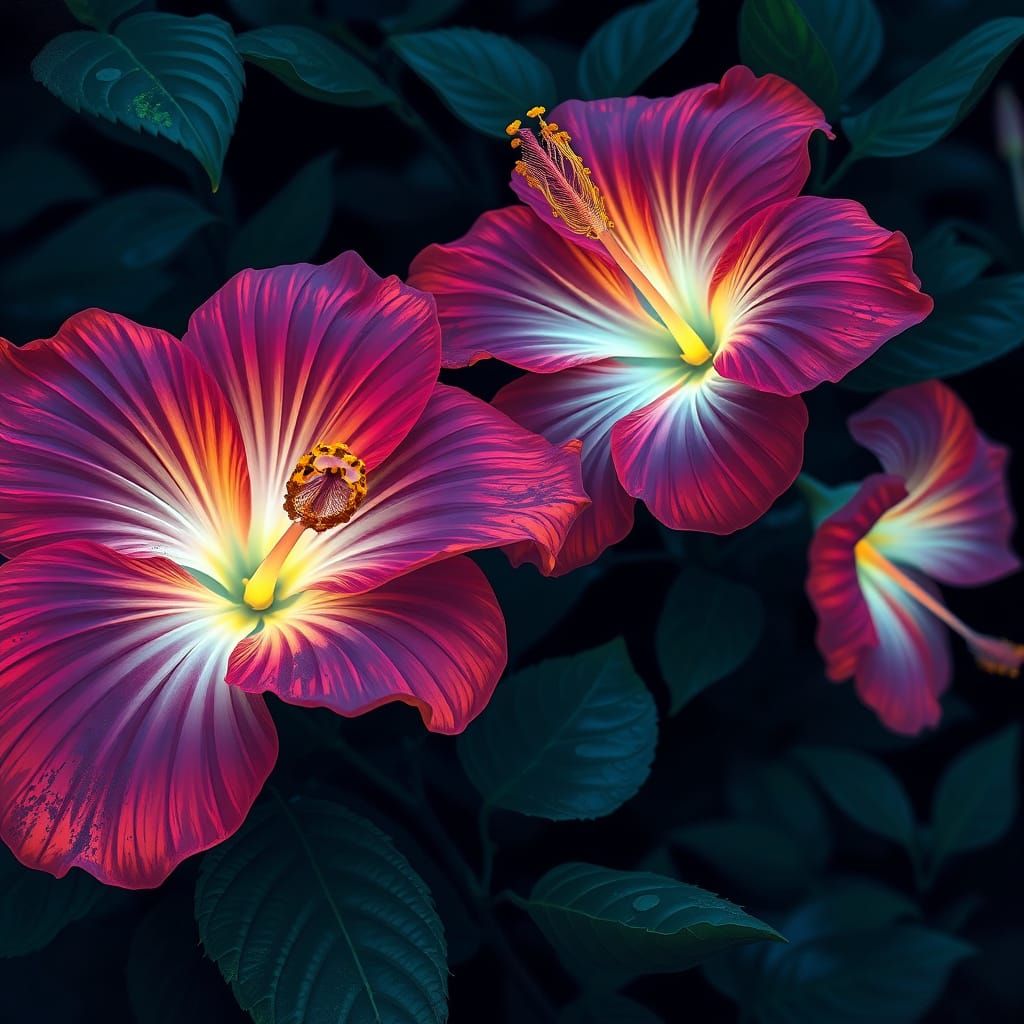 Bioluminescent Hibiscus Flowers Glowing in the Dark