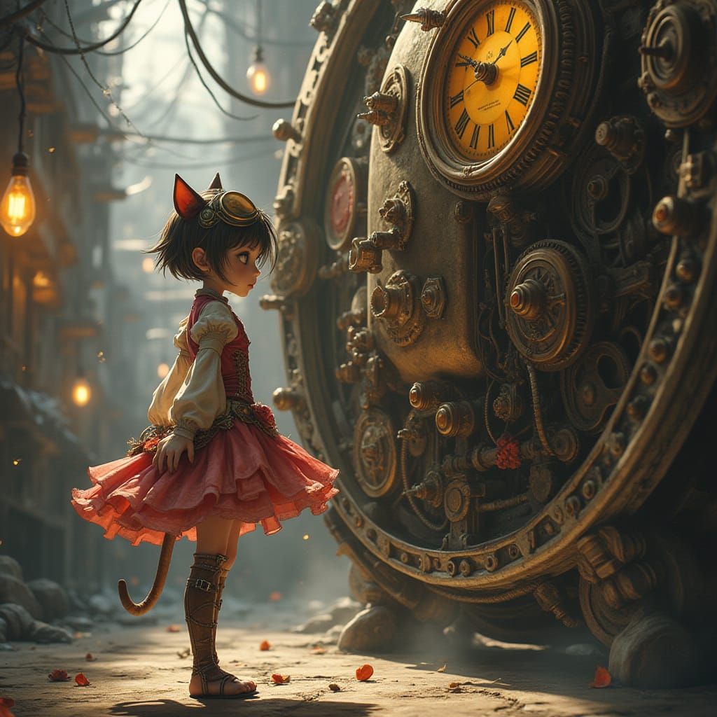 Steampunk Anime Catgirl with Clockwork Automaton