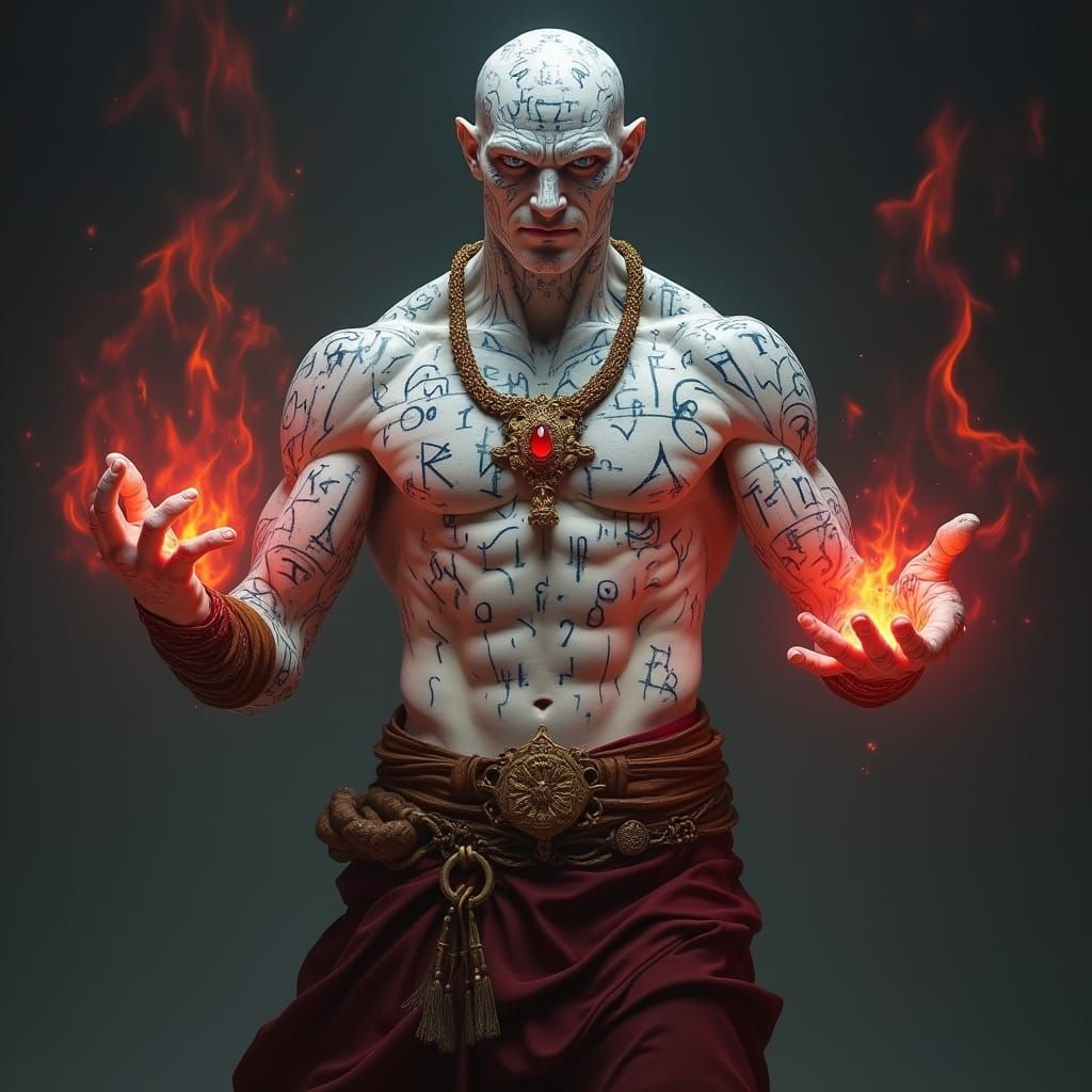 Marble-Skinned Humanoid with Runes and Red Aura