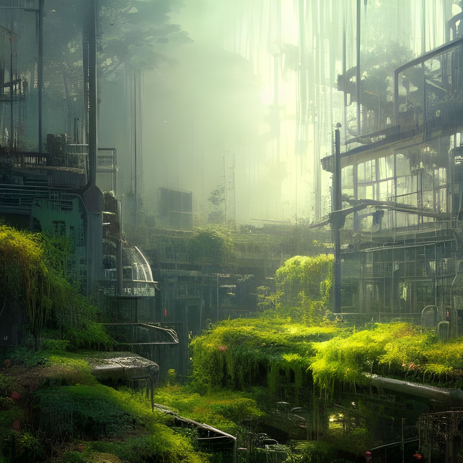 Moss-Covered Factory Ruins in Ghibli Style
