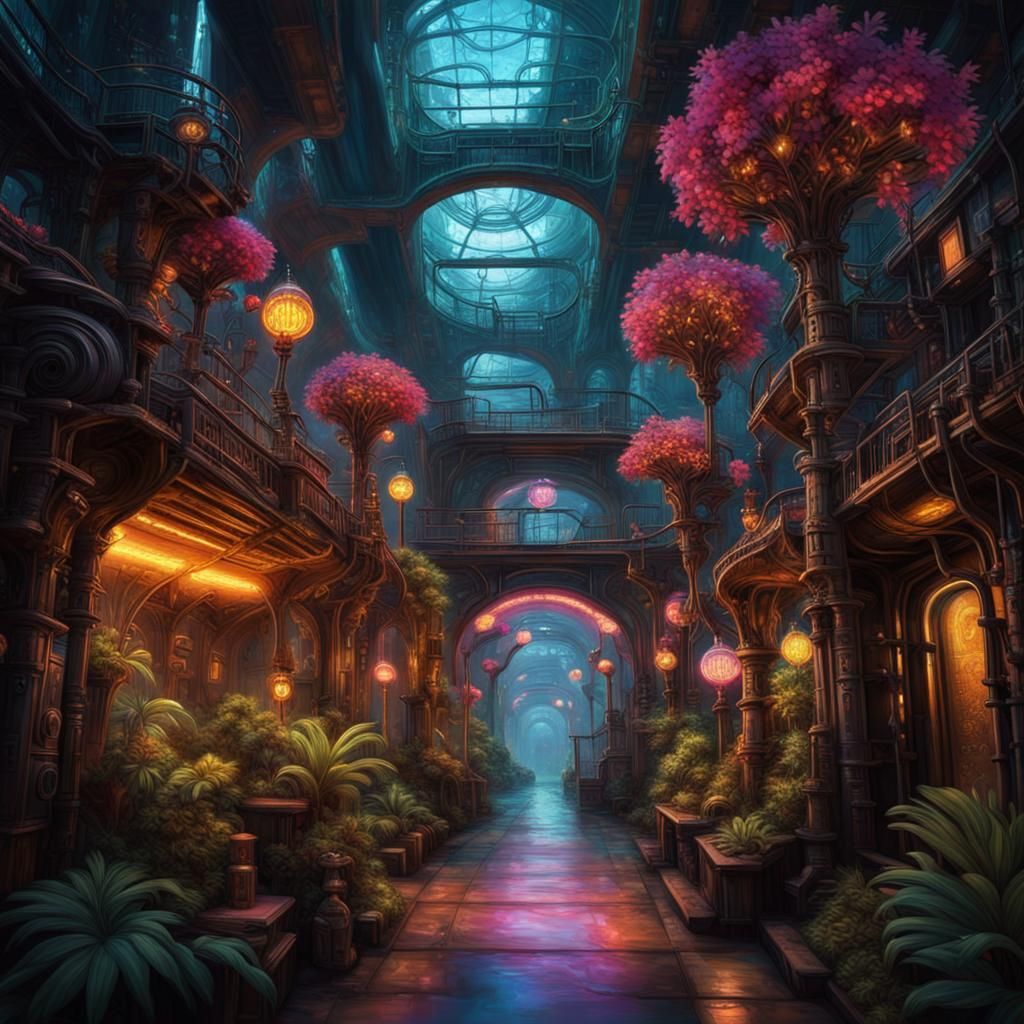 underground cyborg tropical flowery old town