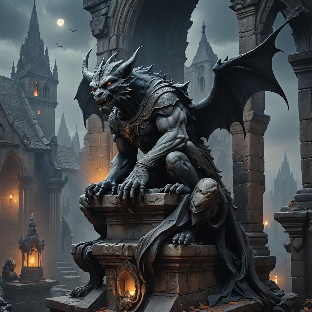 Gothic Gargoyles on Stone, Digital Matte Painting