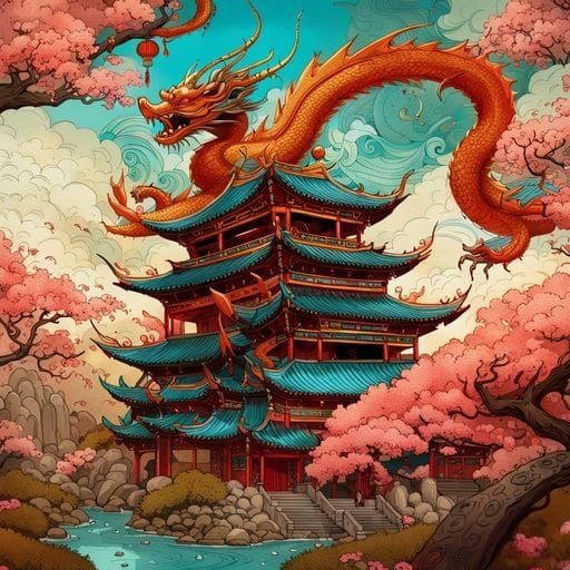 Dragon Over Chinese Temple: Mythical Architecture
