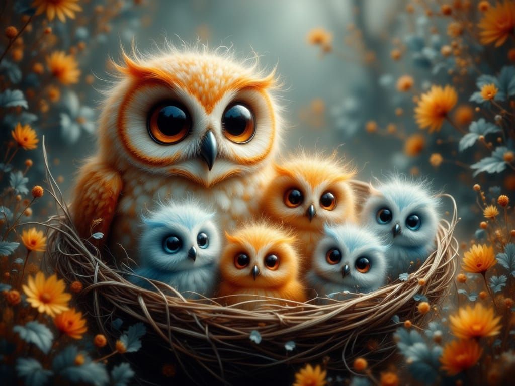 Owl Family Portrait in Whimsical Digital Art