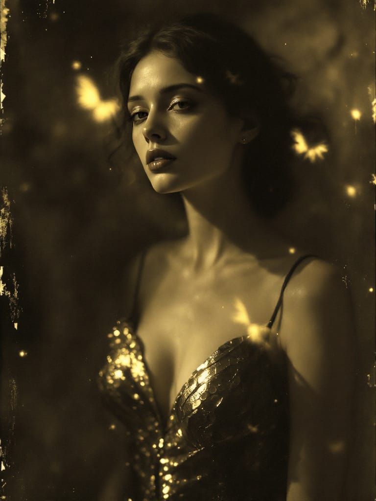 Gothic Pin-Up Woman in Gold Dress, Ethereal Glow