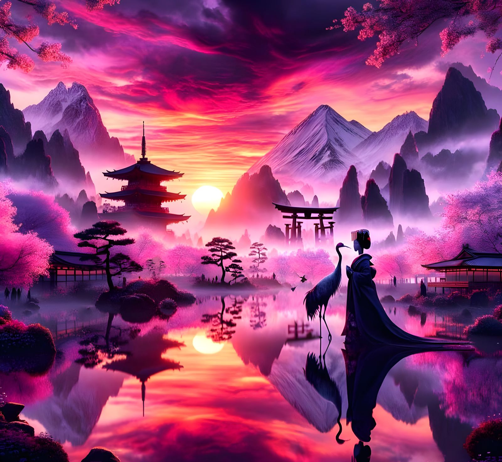 Geisha and Crane at Sunset in Japan