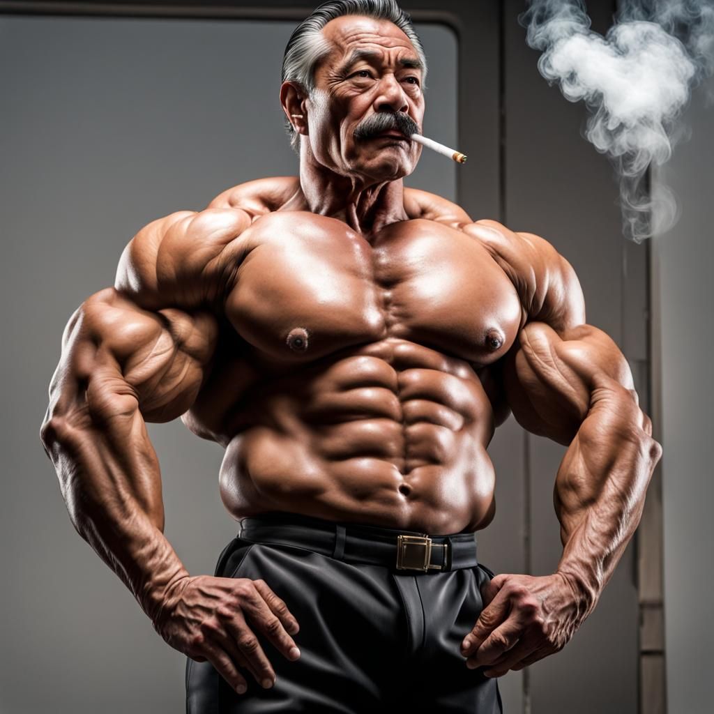 Hyperrealistic Japanese Bodybuilder Smoker in City