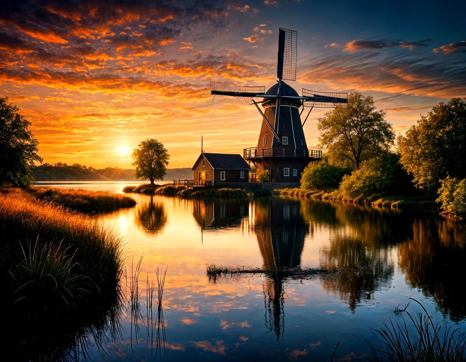 Surreal Sunrise Windmill Shines Over Iridescent Lake