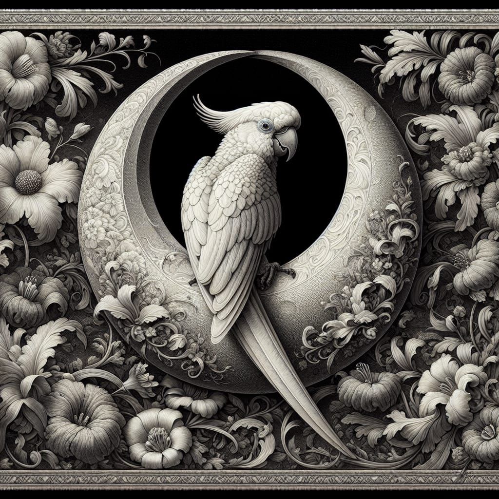 Cockatoo on Crescent Moon with Flowers, Baroque Style