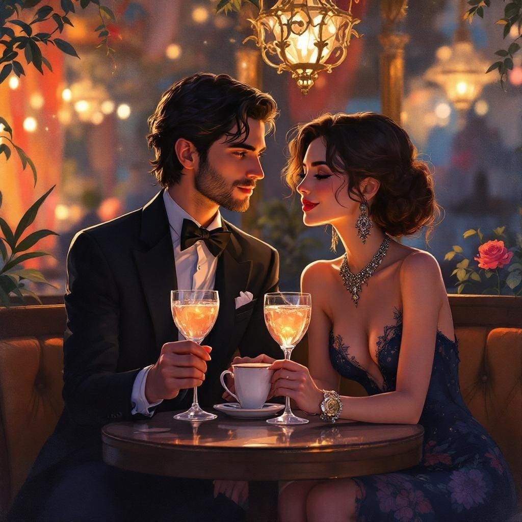 Elegant Couple at Cozy Restaurant in Art Nouveau Style