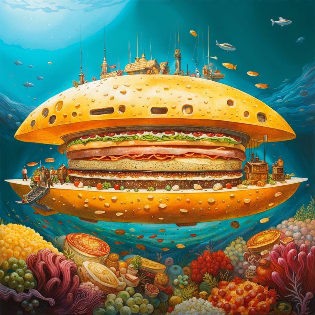 Underwater Submarine Sandwich in Maximalist Style