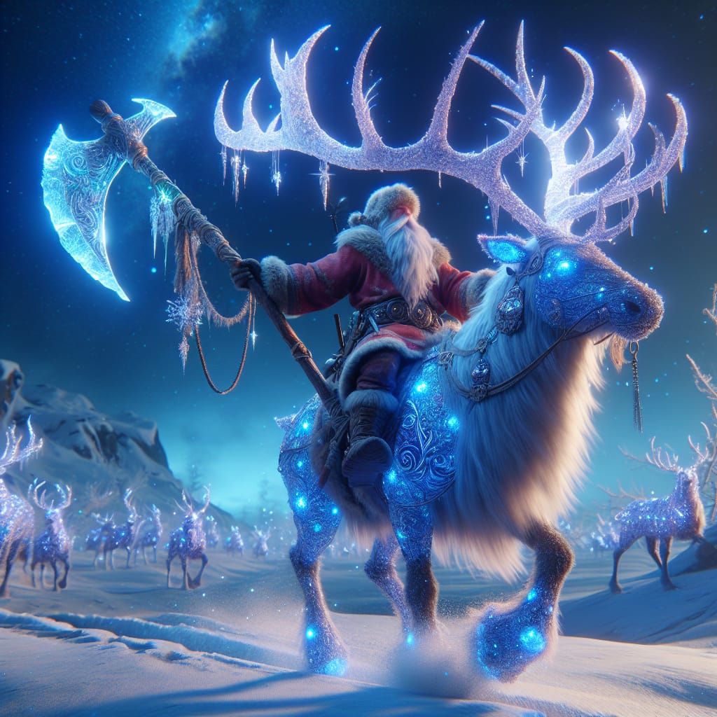 Dwarf on Reindeer with Ice Axe in Winter Landscape