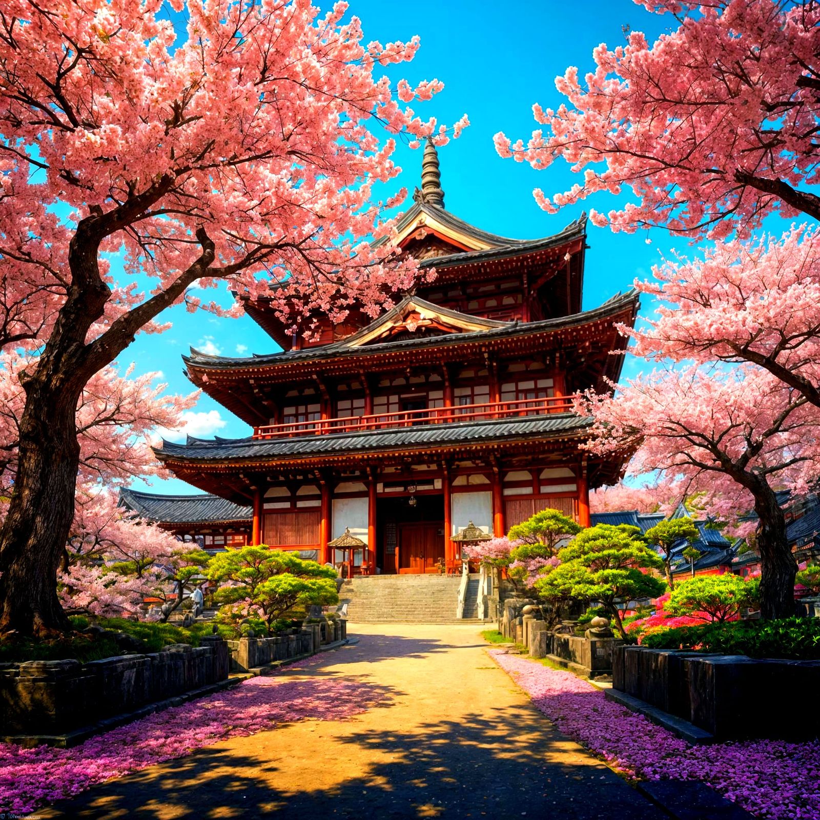 Japanese Temple in Cherry Blossom Field