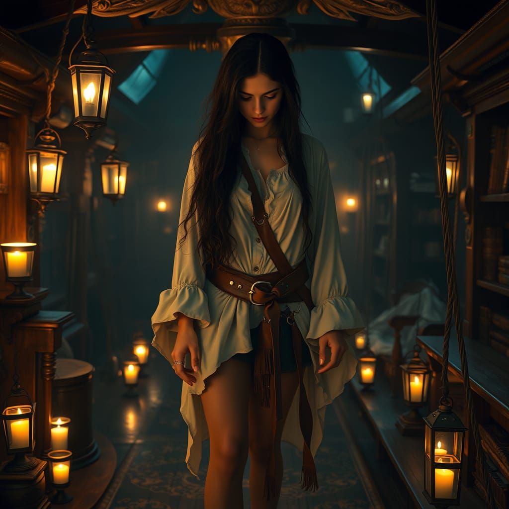 Pirate Queen Lost in Thought Amidst Golden Haze