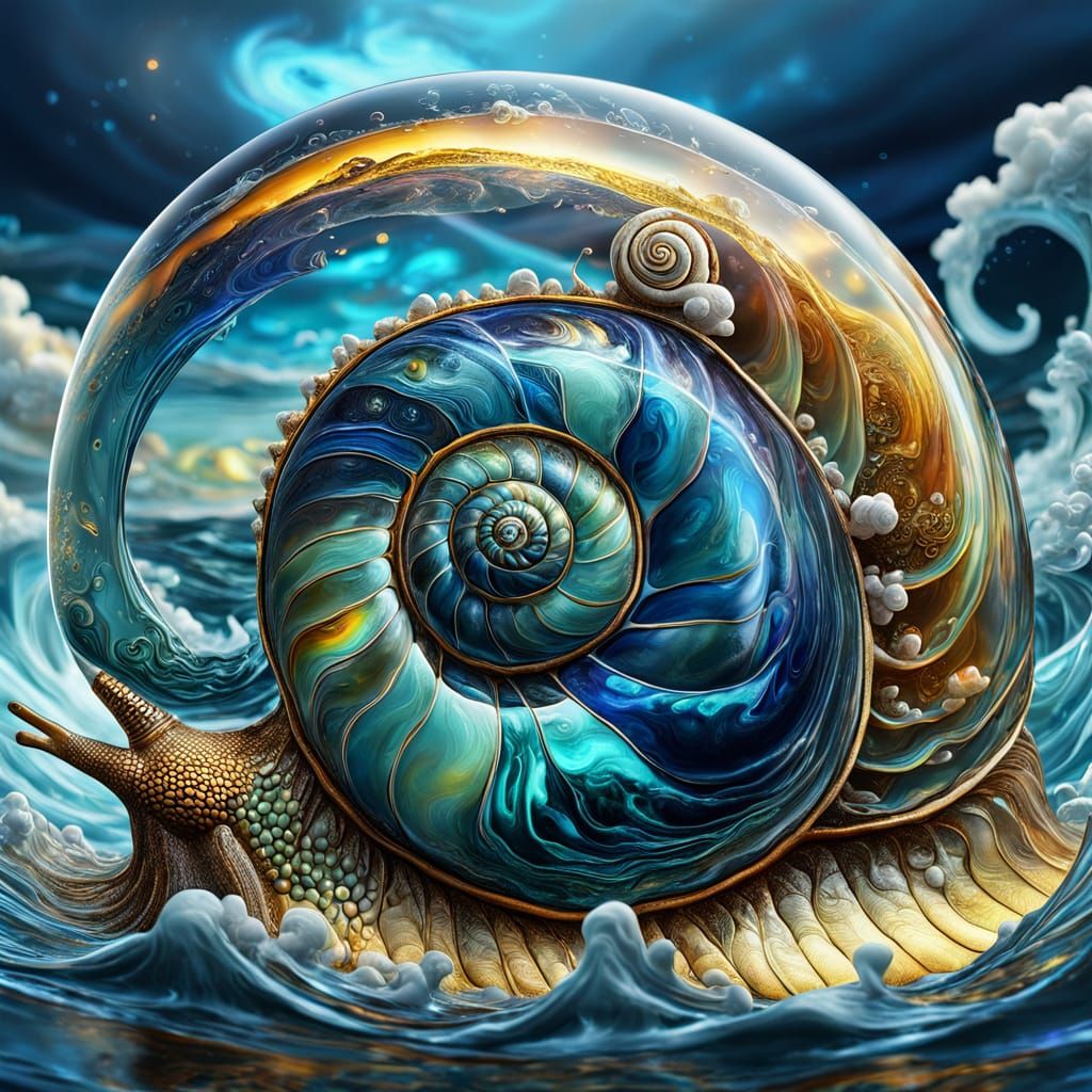 Glass Fibonacci Snail with Stormy Ocean Scenes
