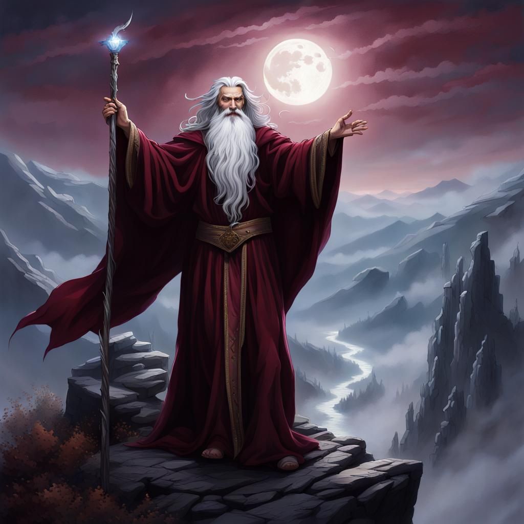 A wise sorcerer, adorned in deep burgundy flowing robes, stands atop a towering mountaintop