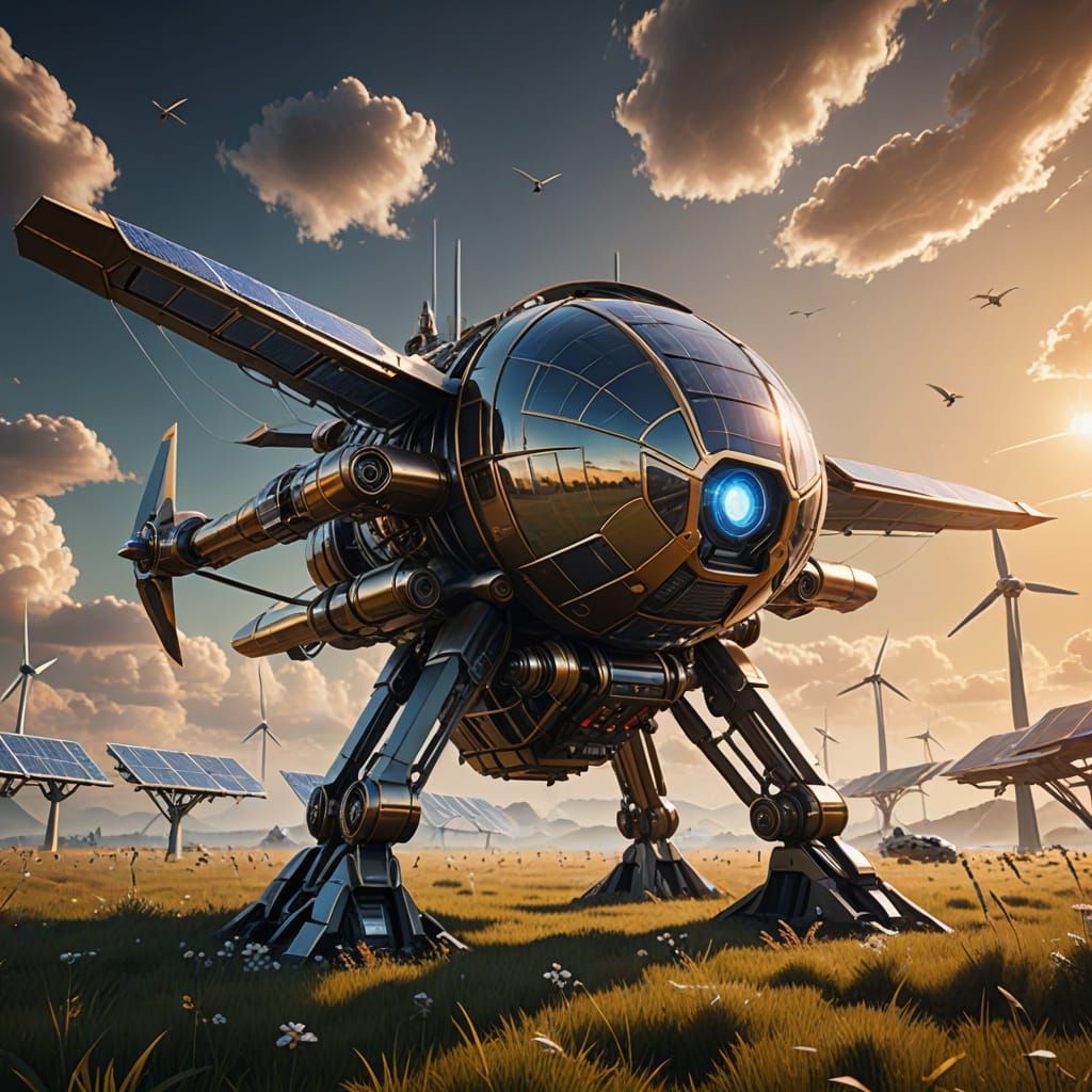 Surreal Solarpunk Flying Machine Soars Above Sunlit Meadow