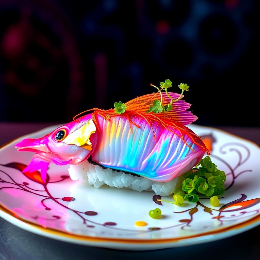 Vibrant Underwater Sushi Scene in a Cyberpunk Aesthetic