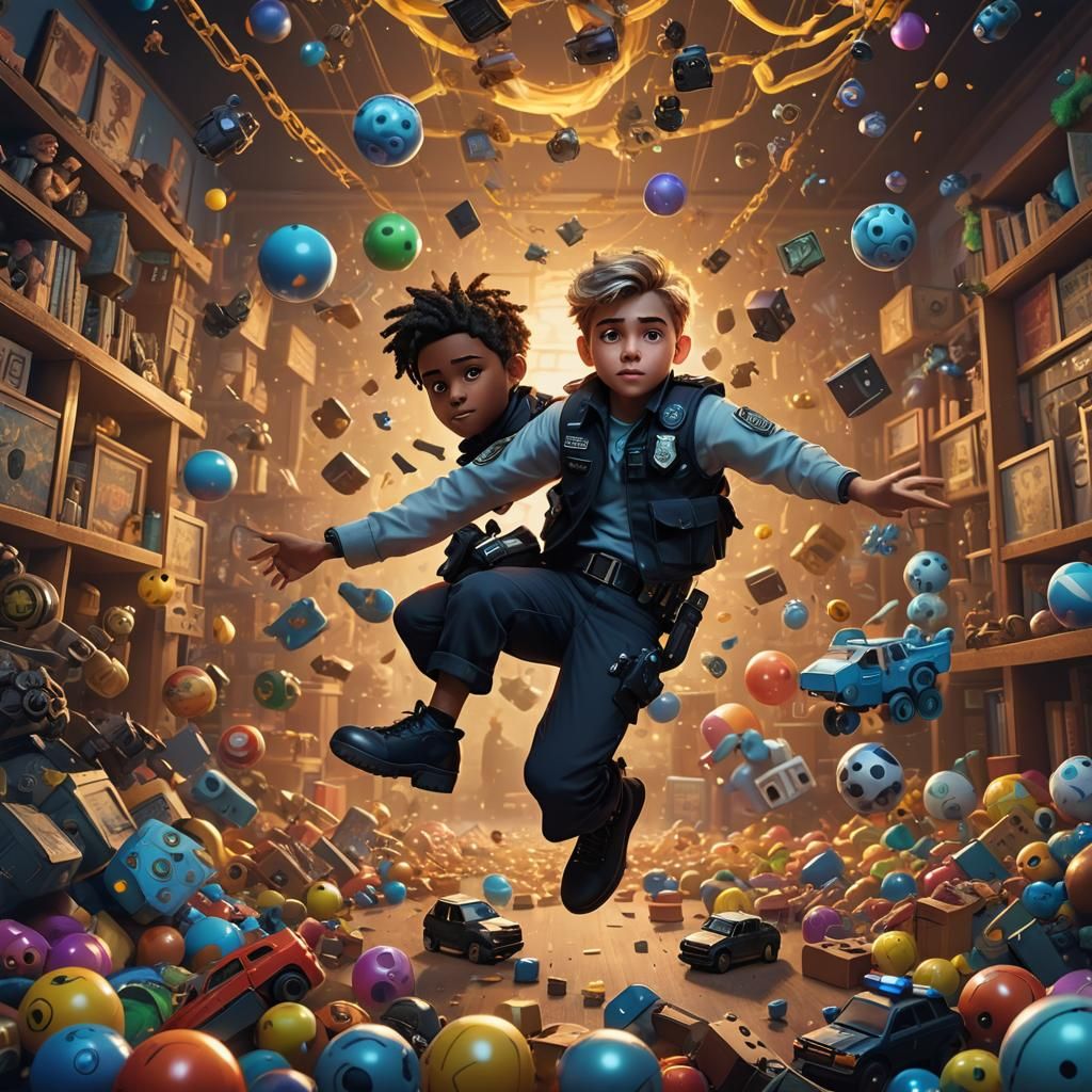 Boy in Police Vest Amidst Swirling Toys