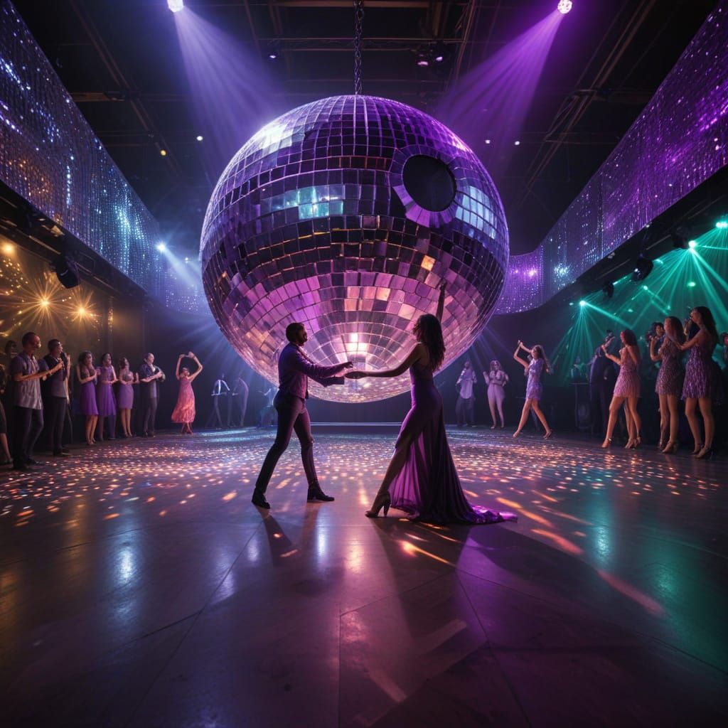 A giant DISCO BALL in a disco. A man and a women in purple o...