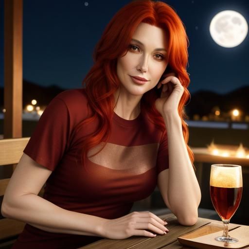 Attractive Woman on Patio Under Full Moon