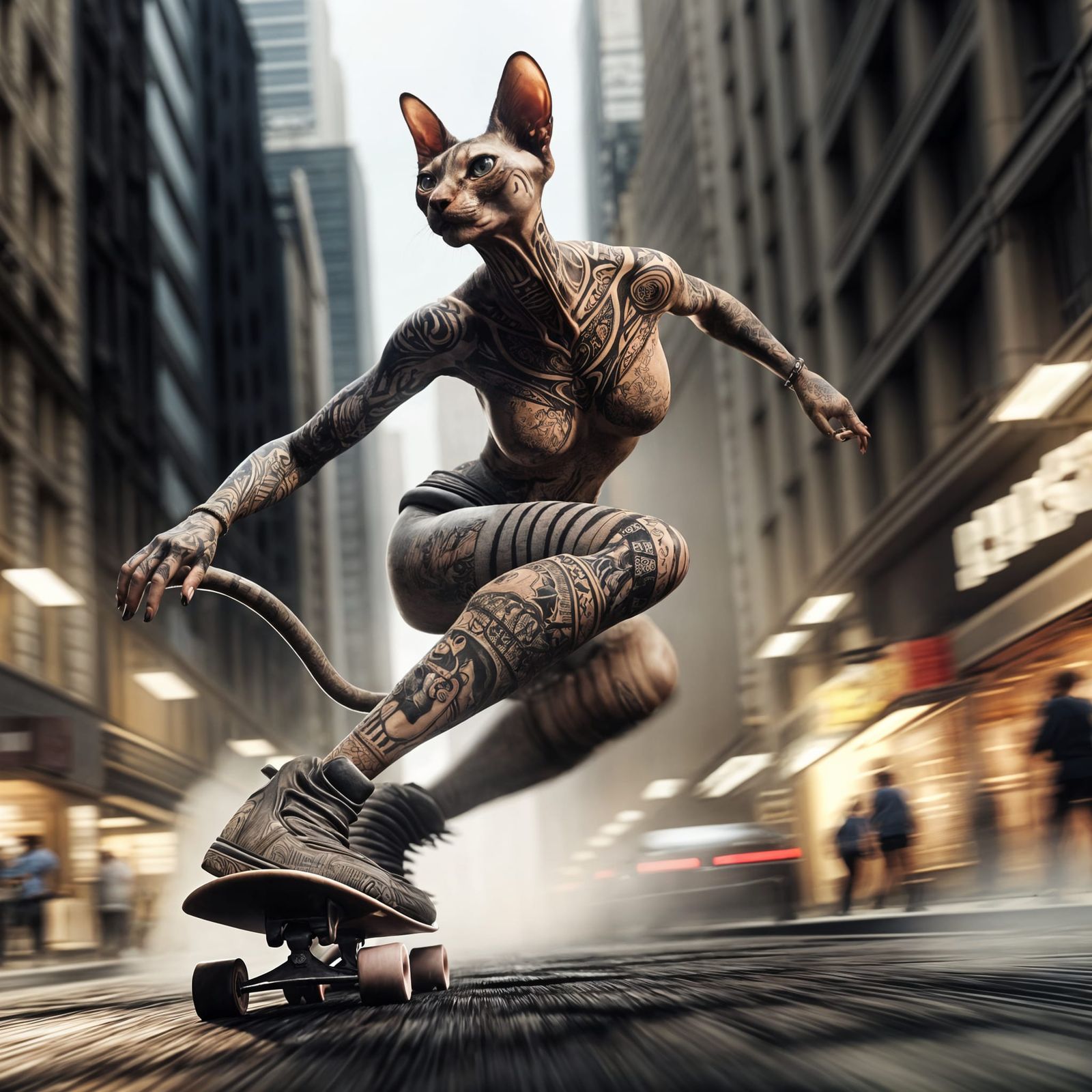 Tattooed Sphinx Cat Skateboarder in Hyperrealistic Cityscape