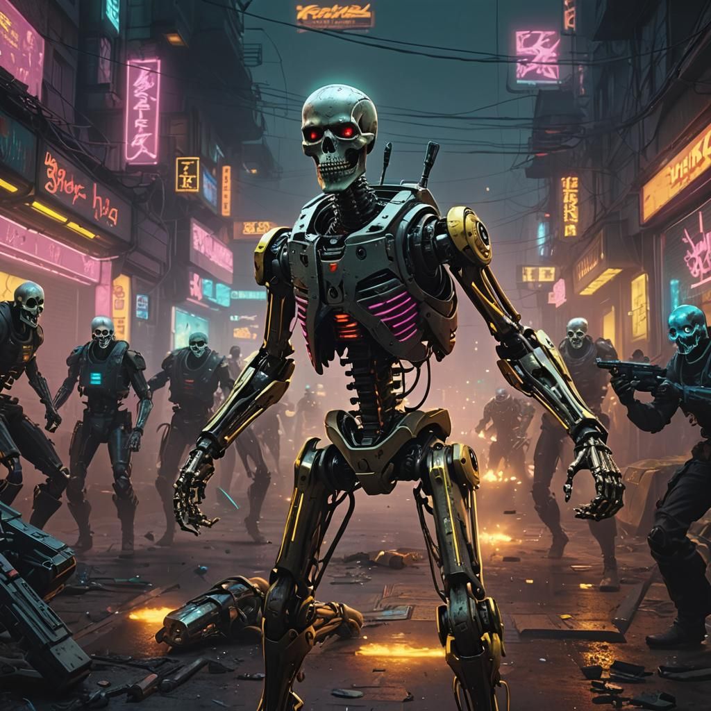 Cyberpunk Skeleton Bot Attack in Neon City