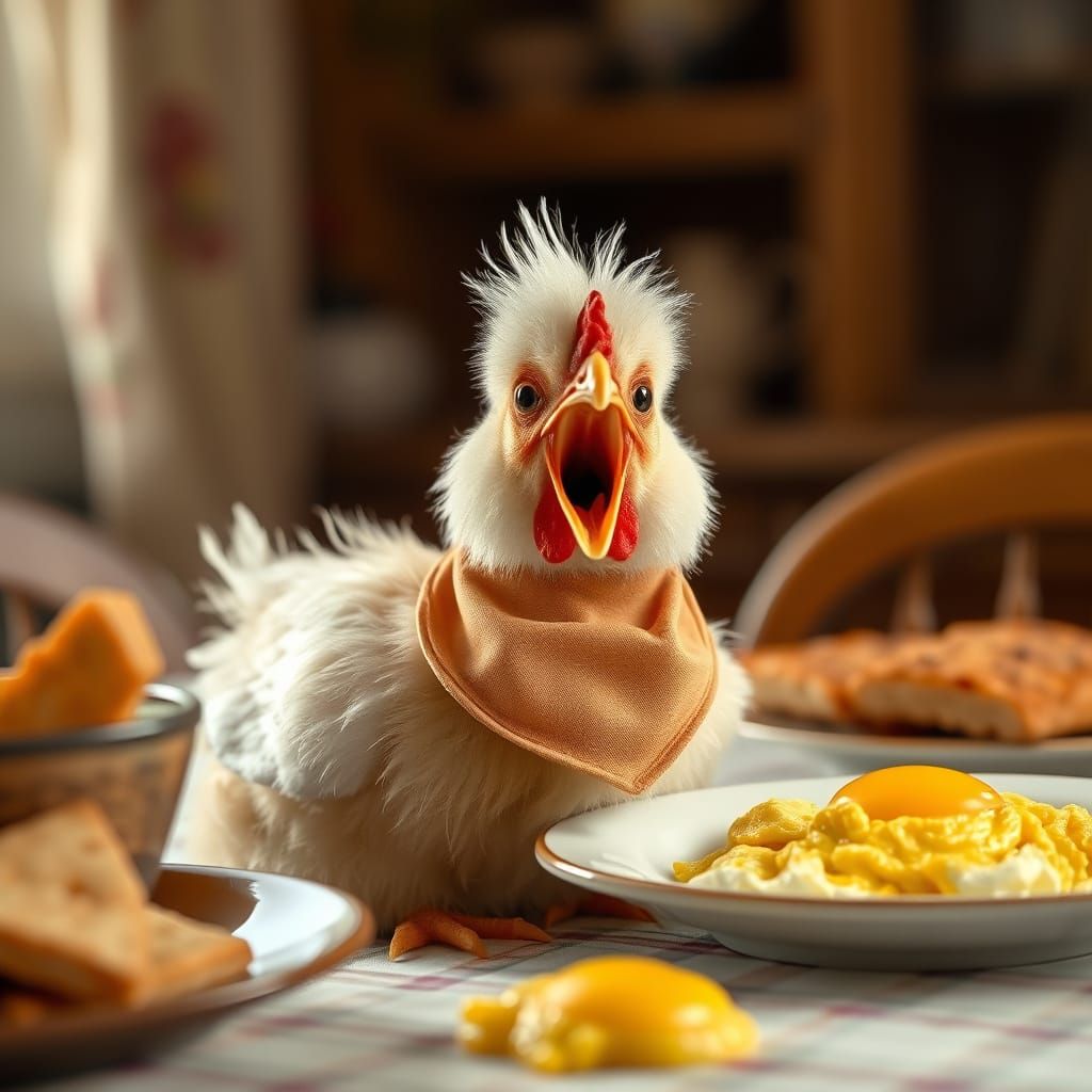 Shocked Chicken at Breakfast Table in Storybook Style