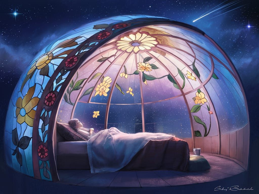 Bedroom in Stained Glass Dome Under Starry Sky