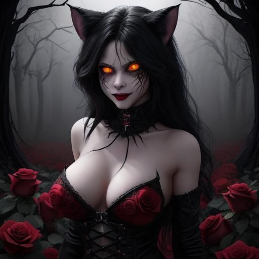 Terrifying Feral Cat Snarling Among Red Roses