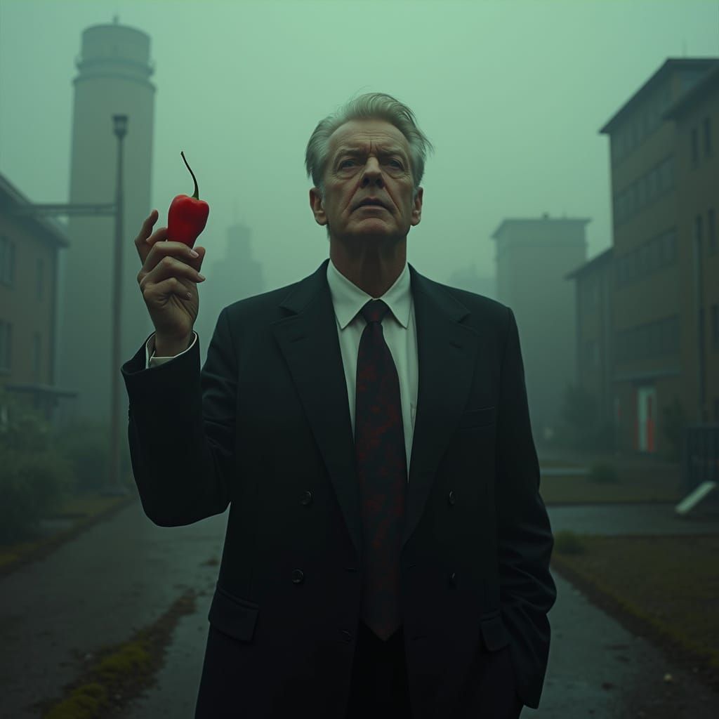 Mysterious Artist Holds a Red Pepper in a Surreal Industrial...