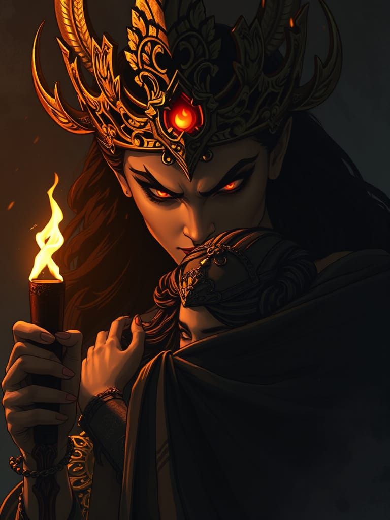 Regal Goddess Watches Tender Couple with Blazing Eyes