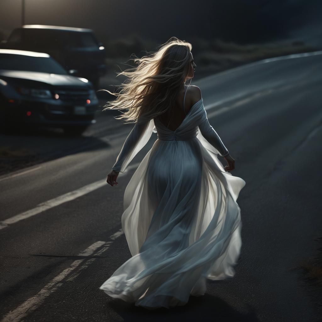 Ethereal Woman in White Gown on Deserted Road